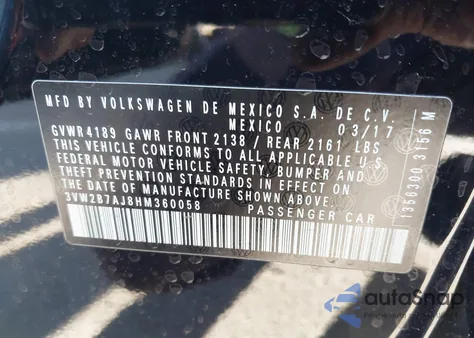 2017 Volkswagen Jetta 1.4T S из США, поврежденный, VIN 3VW2B7AJ8HM360058